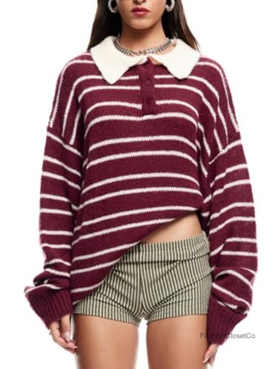 Sweaters - Striped Rugby Polo Shirt Long Sleeve V Neck Oversized Pullover Sweater